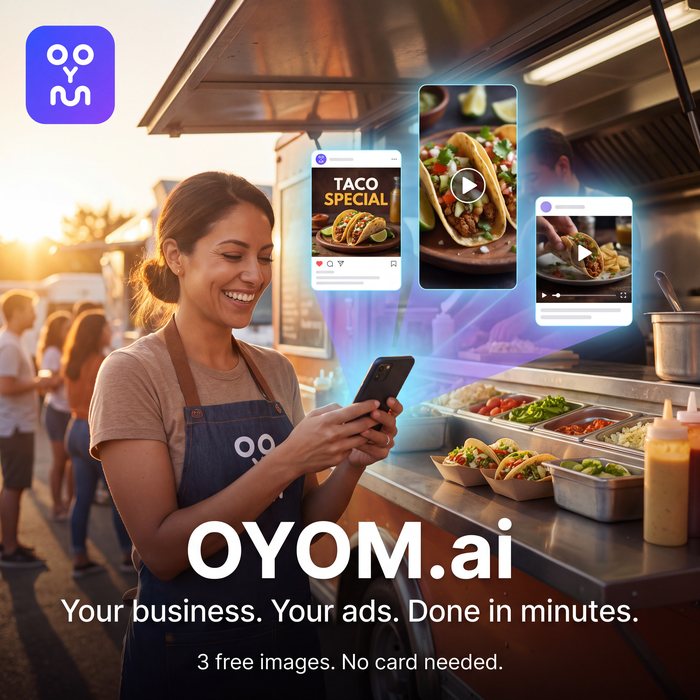OYOM.ai ad made with OYOM: a taco truck owner smiling at her phone as finished ads float out of it